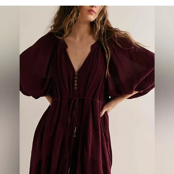 Free People Burgundy Maxi Dress with V-Neck and Drawstring - Picture 2 of 5